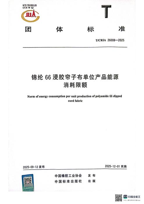 T/CRIA 26008-2025 锦纶66浸胶帘子布单位产品能源消耗限额