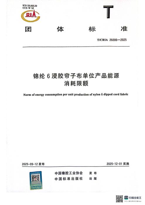 T/CRIA 26006-2025 锦纶6浸胶帘子布单位产品能源消耗限额