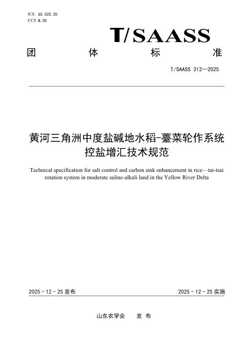 T/SAASS 312-2025 黄河三角洲中度盐碱地水稻-薹菜轮作系统控盐增汇技术规范