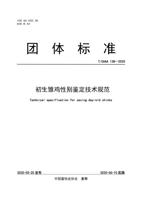 T/CAAA 138-2025 初生雏鸡性别鉴定技术规范