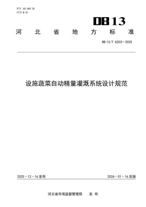 DB13/T 6203-2025 设施蔬菜自动精量灌溉系统设计规范