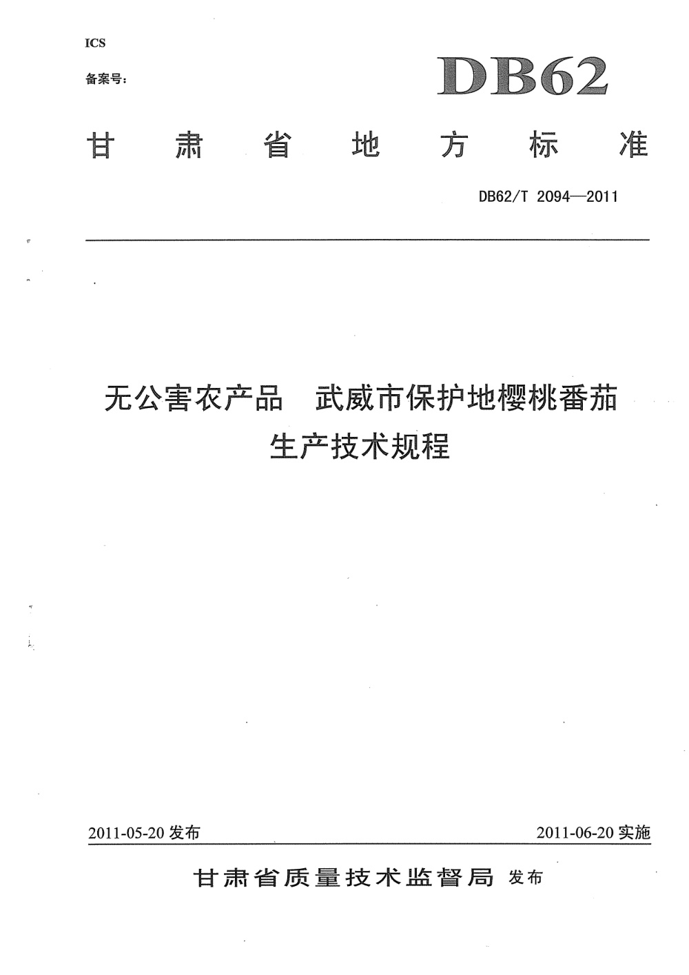 DB62/T 2094-2011 无公害农产品 武威市保护地樱桃番茄生产技术规程